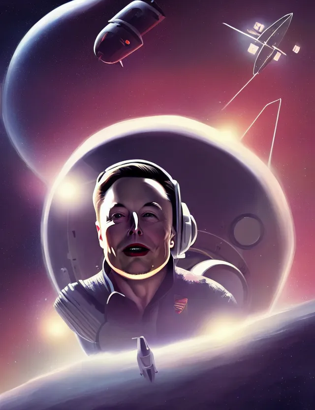 Image similar to a beautiful illustration of elon musk in a retro sci - fi space station, trending on artstation, digital art, 4 k resolution, detailed, high quality, sharp focus, hq artwork, coherent, insane detail, character portrait