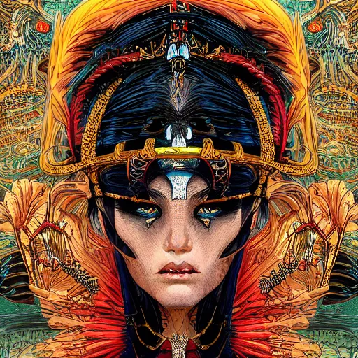 Image similar to portrait of crazy cleopatra, symmetrical, by yoichi hatakenaka, masamune shirow, josan gonzales and dan mumford, ayami kojima, takato yamamoto, barclay shaw, karol bak, yukito kishiro