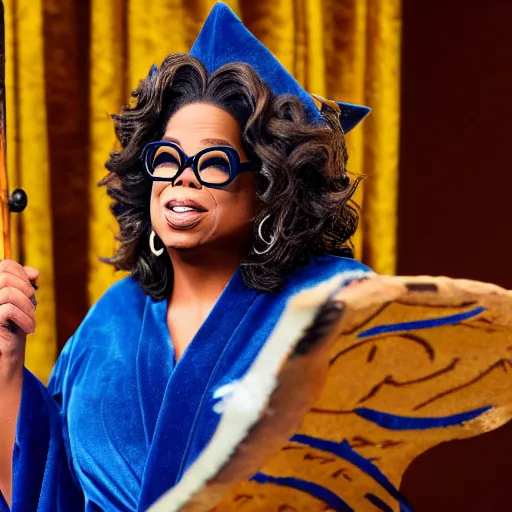 Image similar to Oprah as a wizard wearing blue robes, a blue pointed wizard hat and holding a magic staff, highly detailed, high quality, HD, 4k, 8k, Canon 300mm, professional photographer, 40mp, lifelike, top-rated, award winning, realistic, sharp, no blur, edited, corrected, trending