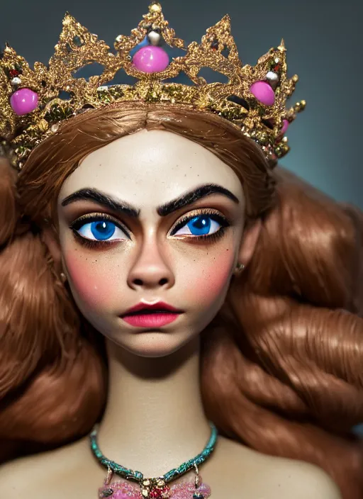 Image similar to closeup face profile portrait of a tin toy cara delevingne as a fairytale princess wearing a crown, bikini, depth of field, zeiss lens, detailed, symmetrical, centered, fashion photoshoot, by nicoletta ceccoli, mark ryden, lostfish, breathtaking, 8 k resolution, extremely detailed, beautiful, establishing shot, artistic, hyperrealistic, octane render