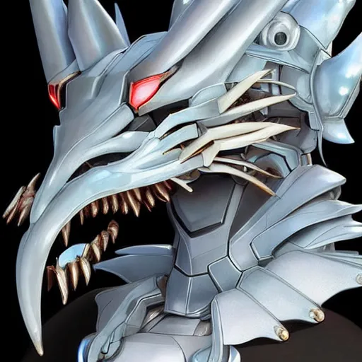 Image similar to stunning bust of a beautiful majestic anthropomorphic humanoid robot mecha female dragon, with smooth and streamlined armor, standing and posing elegantly, well detailed dragon head with epic LED eyes and a warm maw, sharp and dangerous sleek design, two arms, two legs, long tail, beautiful digital art, artstation, DeviantArt, FurAffinity, professional, depth of field, close-up, hd, octane render, sunset lighting