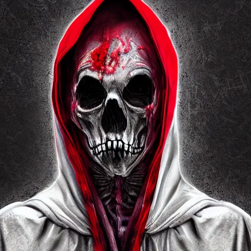 Prompt: a dark robed skeletal figure, with face covered by a hood, behind zombies, with swirling red magic, hd, digital art, photorealistic, by anson maddocks
