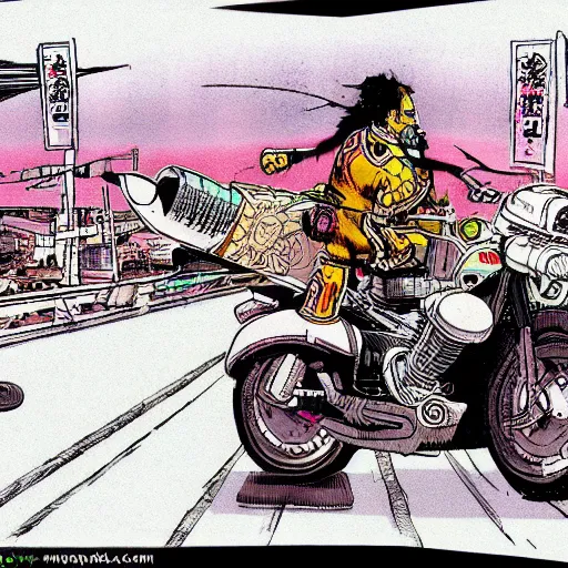 Image similar to mexican wrestler riding japanese motorcycle in neotokyo, manga katsuhiro otomo style, full page cartoon