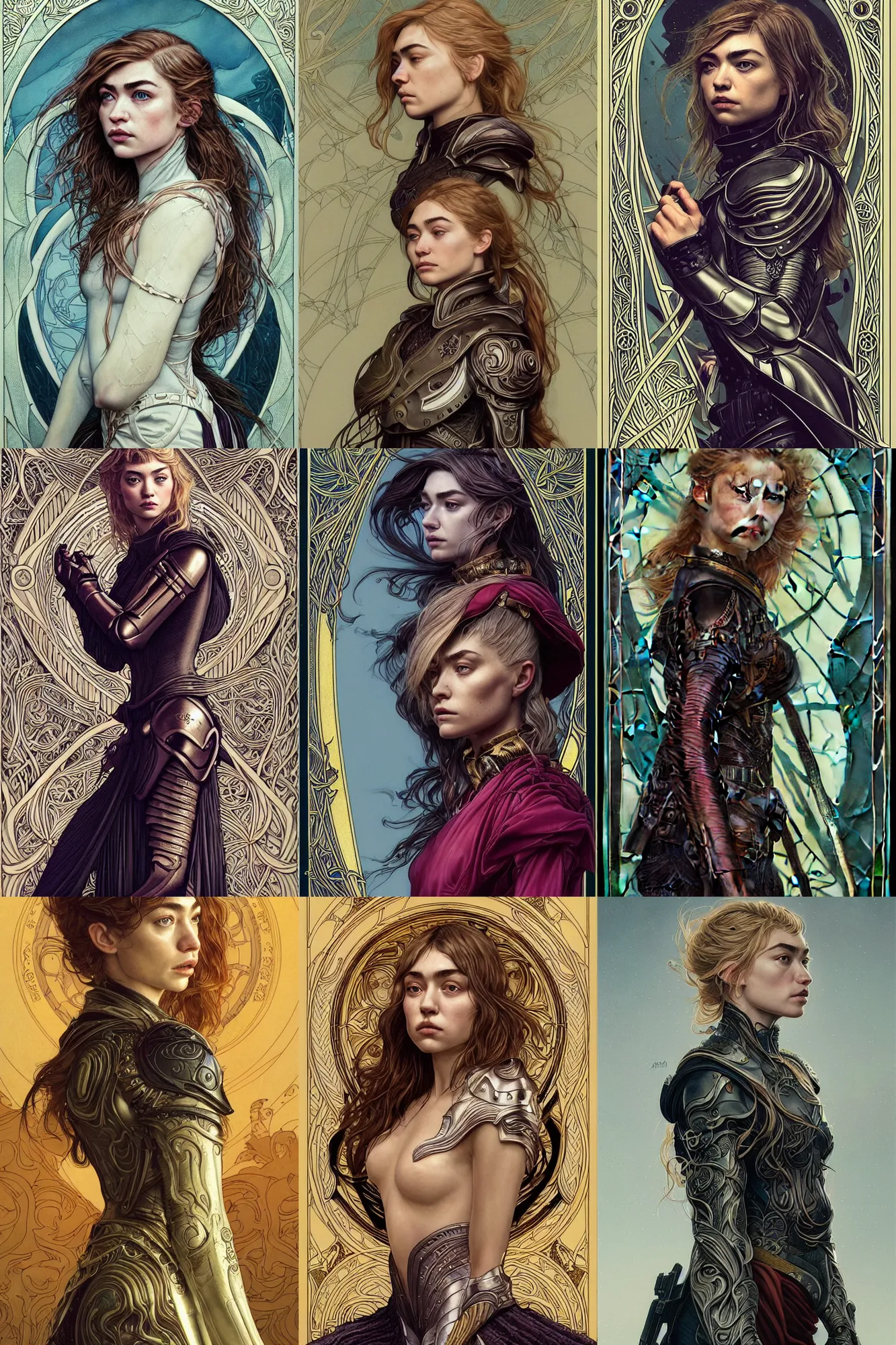 Prompt: side profile portrait, imogen poots paladin, by eve ventrue, casey weldon, charles vess, martine johanna, artgerm. art nouveau. neo - gothic tarot card. dota. swirly intricate linework background. gaudy colors, sharp edges. ultra clear detailed. 8 k. elegant. unreal engine