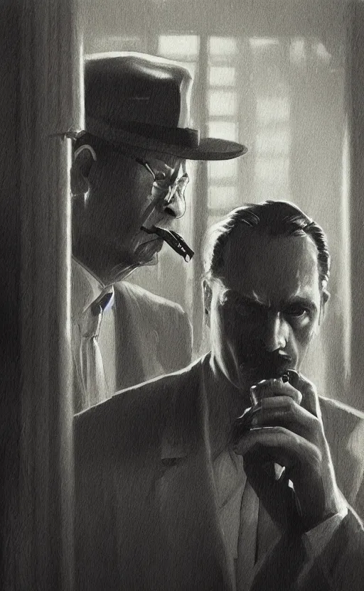 Image similar to private detective in film noir movie scene, office, smoking tobacco, dark, greg rutkowski, 8 k, shallow depth of field, intricate detail, concept art,