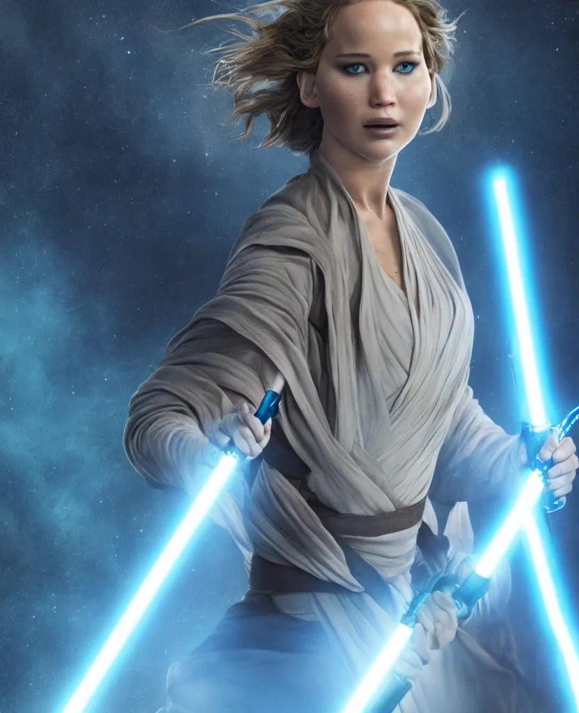 Image similar to jennifer lawrence as a jedi holding up a blue lightsaber, very dark background, official new star wars episode xi movie poster from lucas arts, perfect symmetrical face, full moon, moody lighting, 8 k, shallow depth of field, intricate detail,