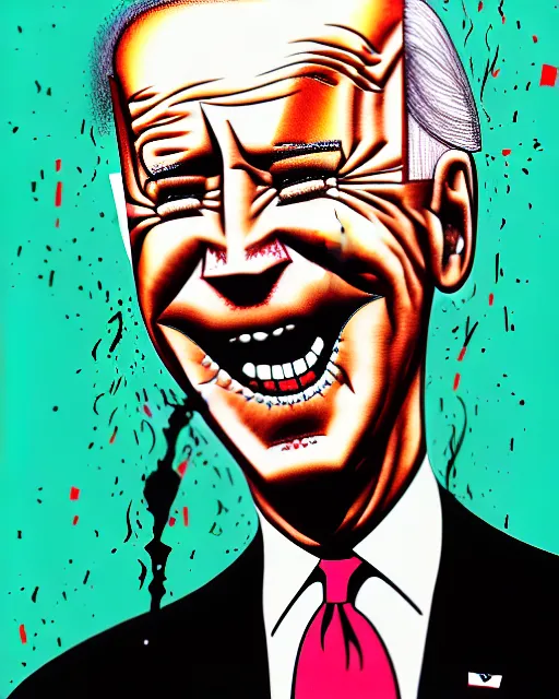 Prompt: an political caricature of joe biden, by gerald scarf and ralph steadman, illustration, ink drips, front angle, ink splatters, pen and ink, flat color, distorted features, spittle, drawing, facing front, anatomically correct, beautiful perfect face, sharp focus, highly detailed, cinematic lighting, 8 k, hd