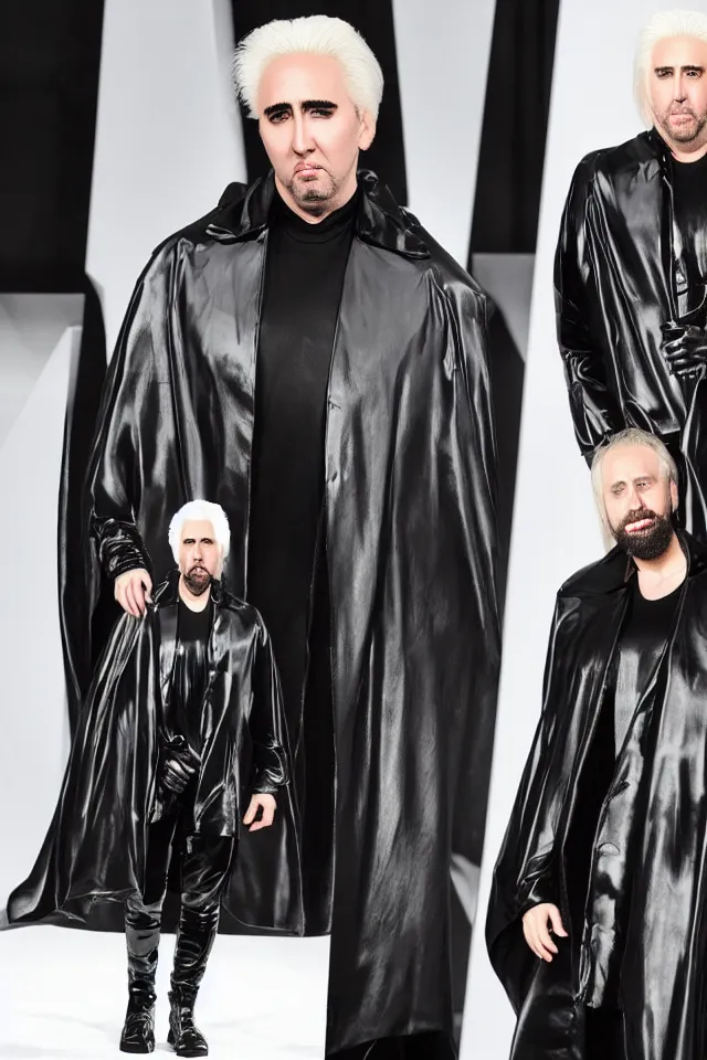 Prompt: a pale white hair Nicolas Cage in a black latex acronym cape, in the style of mike dringenberg and ashley wood