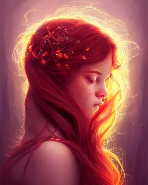 Image similar to autumn princess portrait, tangled red hair, freckles, artgerm, photorealism, radiant halo of light, sylvain sarrailh