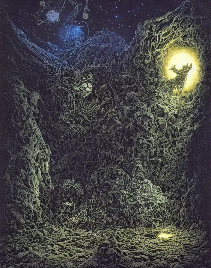 Image similar to the intricate detailed dark spaces between the stars dripping with cosmic terror by michael whelan