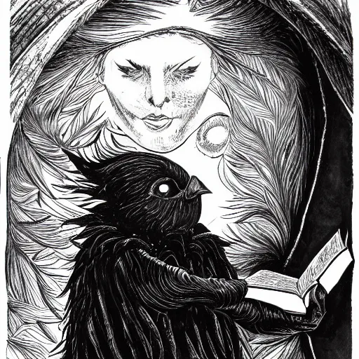 Prompt: highly detailed ink drawing of young innocent jennifer connelly as youthful alien bird - woman, gothic wearing hooded dark cloak, modestly dressed, reading in library, gray skin, black feathers instead of hair, black feathers growing out of skin, bumpy skin, black hands with black claws, comic book, rough paper, mike mignogna
