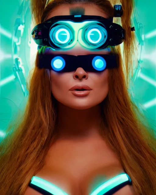 Image similar to centered portrait of flirtatious young carmen electra as a solarpunk mecha humanoid robotic parts wearing goggles with bright turquoise lights, real human face, pudica pose by bouguereau, inside white room, ultra - realistic and intricate, soft portrait shot 8 k