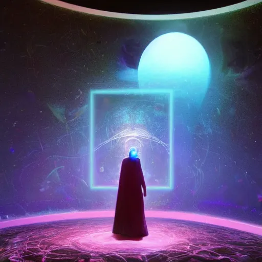 Image similar to A space wizard stand in front of giant, glowing crystal sits in the center of a dark room, Strange symbols line the walls, and a soft light glows from somewhere deep within the room, highly detailed, digital photo, HDRI, by christopher bretz and kael ngu, vivid colors, high contrast, 8k resolution, intricate, photorealistic, smooth, psychedelic color scheme, concept art, award winning, behance contest winner