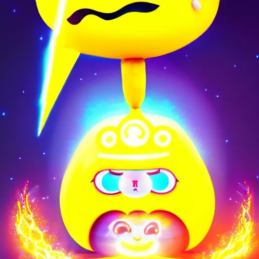 Image similar to kawaii wacky fluffy popcorn with lightning bolt power, with golden helmet, yokai, in the style of a mamashiba, with a yellow beak, with a toroidal energy field, with a smiling face and flames for hair, sitting on a lotus flower, white background, simple, clean composition, symmetrical, suitable for use as a logo