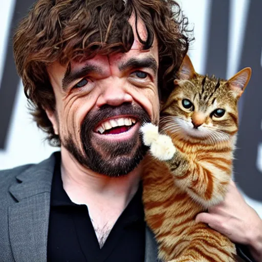 Prompt: peter dinklage laughing hysterically at a cat,