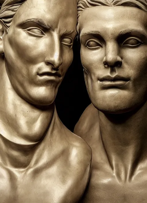Image similar to a handsome sculpted face twice the size of a human, examining a handsome giant's face, running your hand across the cheekbones and dimples of a giant, face focus, wholesome, romantic