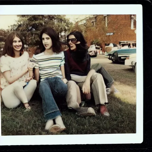 Prompt: Polaroid photograph of stylish college students, taken in 1972