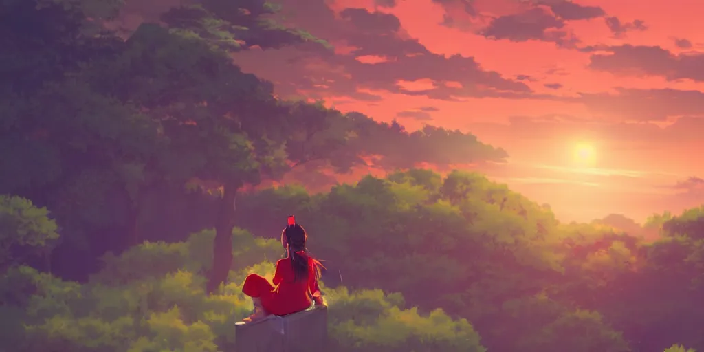 Prompt: reimu sitting on a hill off to the side looking down upon swedish town, during dawn, cinematic, very warm colors, intense shadows, anime illustration, anime screenshot composite background