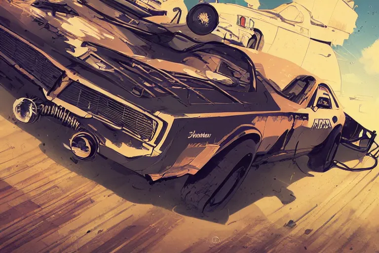 Image similar to digital illustration of mad max's maverick pursuit special, by makoto shinkai, ilya kuvshinov, lois van baarle, rossdraws, basquiat