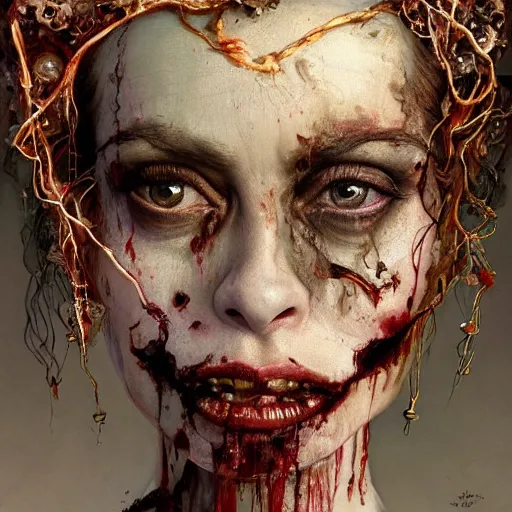 Prompt: expressive oil painting, of helena bonham carter mixed with sigourney weaver, bumpy mottled skin full of blood and scars, ornate headpiece made from crystals, cables and wires, body horror, by yoshitaka amano, by greg rutkowski, by jeremyg lipkinng, by artgerm, digital art, octane render