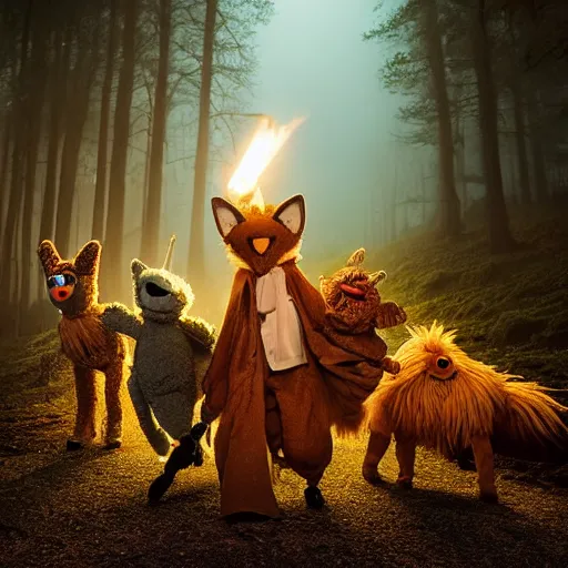 Image similar to a large two tailed druid fox muppet wearing a hooded cloak holding a lit torch and herding a bunch of random muppet animals following behind through a dark foreboding misty blue forest at night, sesame street, photograph, photography, ultrarealistic, national geographic