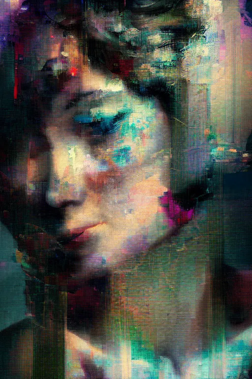 Image similar to a beautiful glitched painting by christian hook of a woman in a bathroom, geometric shapes and pixel sorting, brushstrokes by jeremy mann, still life, dark colors