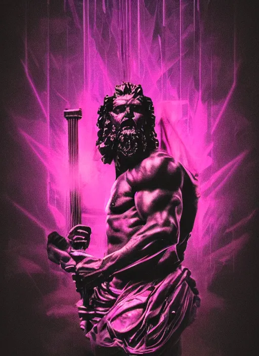 Image similar to dark design poster showing a heroic statue of zeus, black background with very subtle purple red design elements, powerful, nekro, vito acconci, thin straight lines, dark, glitch art, neo vaporwave, gritty, layout frame, square, trending on artstation
