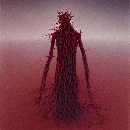 Prompt: an nondescript human, wrapped in thorns, in a desolate, charred desert, dark red, HDR, painted by zdzislaw beksinski