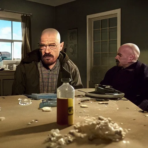Prompt: A scene of Breaking Bad with Walter White smoking crack for the first time, realistic, photorealistic, high-resolution, 4k, large sensor dslr photo, Directed by Vince Gilligan