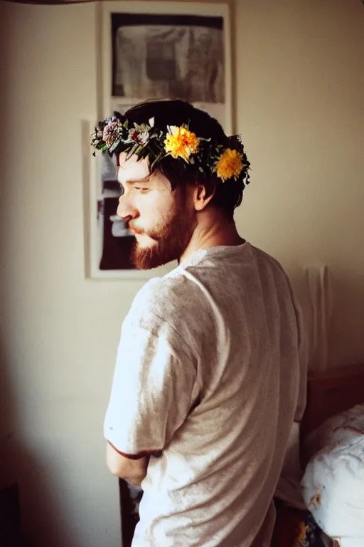 Image similar to kodak portra 4 0 0 photograph of a guy wearing a flower crown in a cluttered messy 9 0 s bedroom, back view, lens flare, moody lighting, moody vibe, telephoto, 9 0 s vibe, blurry background, grain, tranquil, calm, faded!,