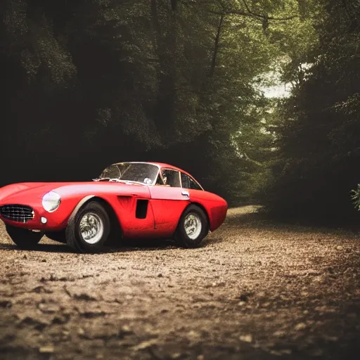 Image similar to ferrari 2 5 0 in the forest, night, headlights are on, professional photography, vaporwave