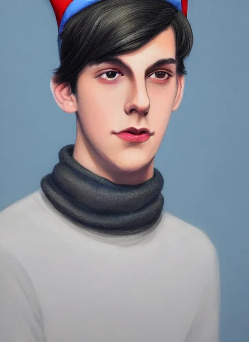 Image similar to portrait of teenage jughead jones wearing a light grey crown, crown, blue turtleneck, 1 9 5 0 s, closed eyes, photorealistic, black hair, glowing lighting, intricate, elegant, glowing lights, highly detailed, digital painting, artstation, concept art, smooth, sharp focus, illustration, art by wlop, mars ravelo and greg rutkowski