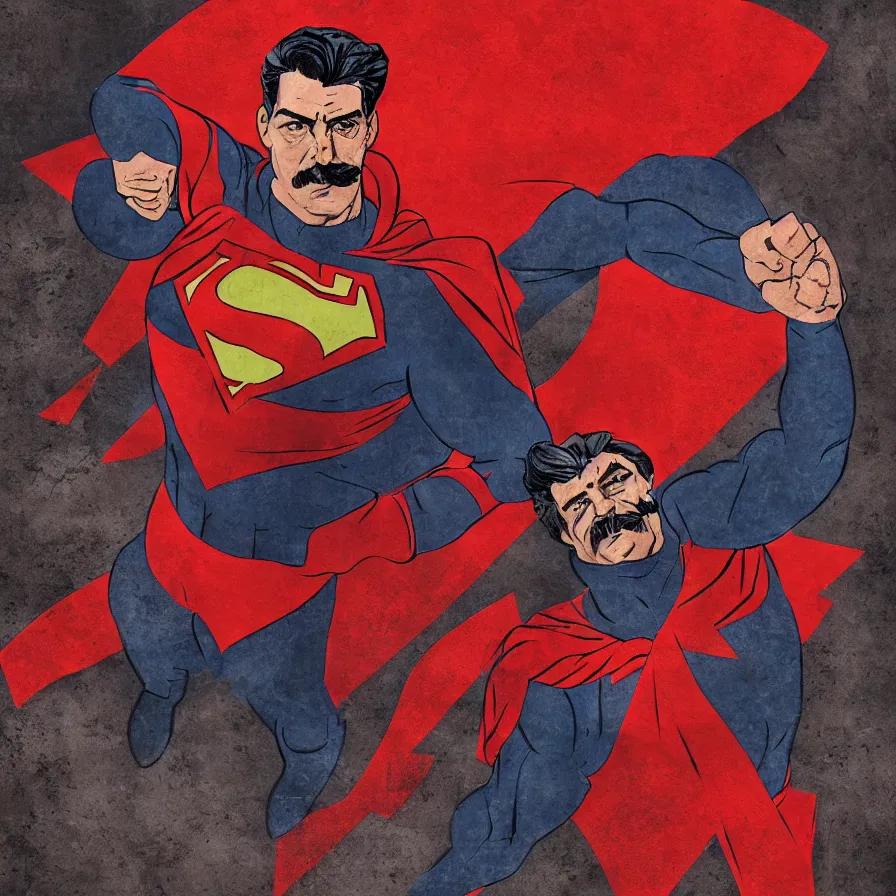 Image similar to stalin as superman, red son, socialist realism, sovietwave aesthetic, hammer and sickle, red square moscow, artgem, photorealistic, detailed, intricate digital art, trending artstation, 8 k uhd, unreal 5, arnold gpu + octane workflow, volumetric lighting, rich moody colors, fan art, concept art, epic comic book style