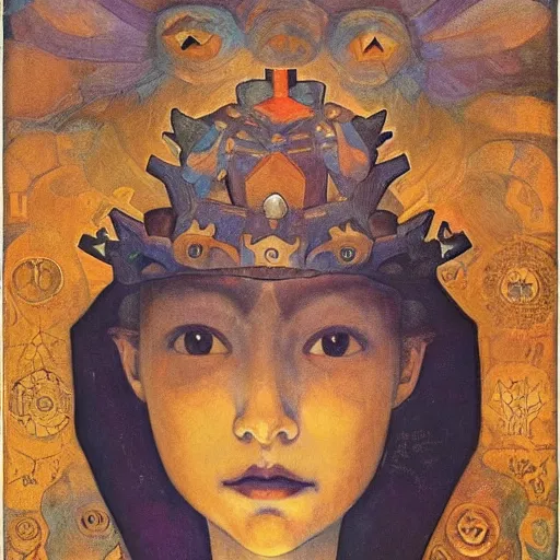 Prompt: crown of shadows, by Annie Swynnerton!! and Nicholas Roerich! and (((((( Diego Rivera)))))), bioluminescent skin!, elaborate costume, geometric ornament, symbolist, rich colors, dramatic lighting, smooth, sharp focus, extremely detailed