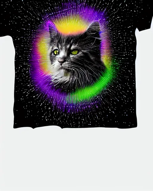 Image similar to highly detailed high resolution stacked plot of radio emissions from a pulsar, abstracted light refractions and stripy interference, making up a fluffy cat isolated on black, silk screen t-shirt design 4K