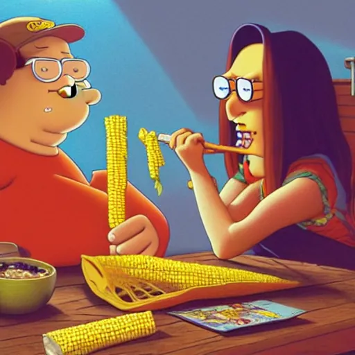 Prompt: Lofi peter griffen from family guy with computer and corn, Pixar style, Tristan Eaton, Stanley Artgerm, Tom Bagshaw