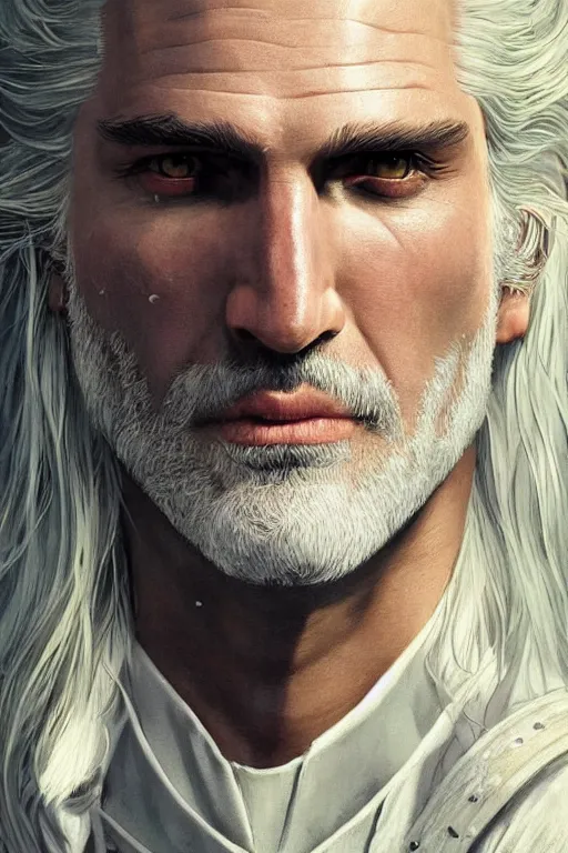 Image similar to photorealistic portrait photograph of geralt of rivia wearing an elegant tuxedo, depth of field, soft focus, highly detailed, intricate, realistic, national geographic cover, soft glow, textured, artstation, concept art, sharp focus, illustration, art by artgerm and greg rutkowski and alphonse mucha