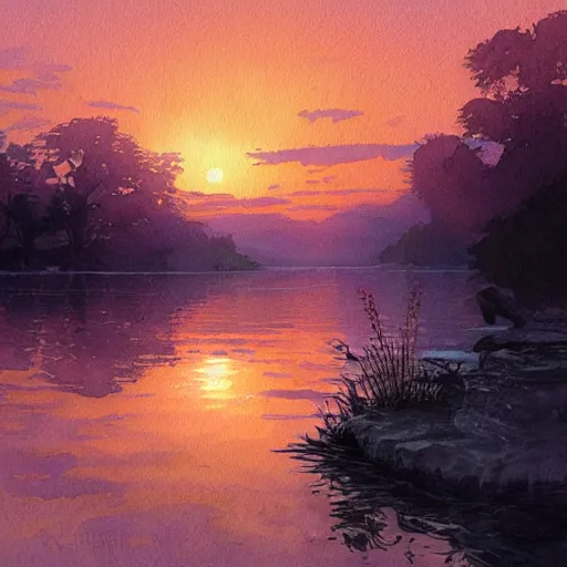 Image similar to River leading into a sunset, Watercolor, photorealistic, high resolution, award winning, trending on artstation, intricate, elegant, highly detailed, digital painting, artstation, concept art, smooth, sharp focus, illustration, art by artgerm and greg rutkowski and alphonse mucha