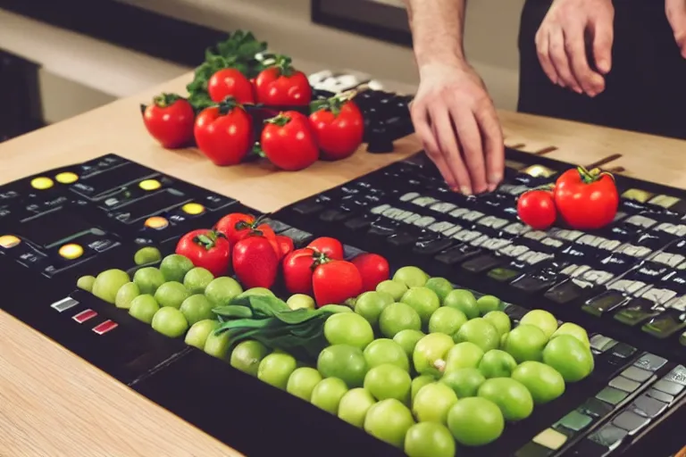 Prompt: film still of fresh fruits and vegetables making beats in the studio on an mpc