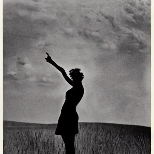 Prompt: art deco by hein gorny turbulent. a body art of a woman standing in a field of ashes, her dress billowing in the wind. her hair is wild & her eyes are closed, in a trance - like state. dark & atmospheric, ashes seem to be alive, swirling around.