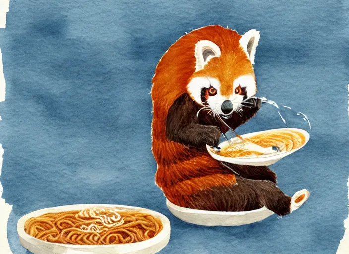 Prompt: red panda eating ramen noodles, water color illustration, by miyazaki