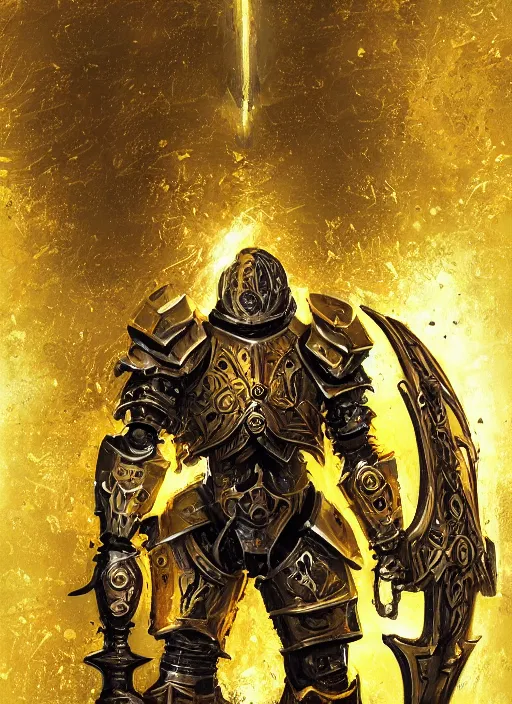 Image similar to dynamic portrait of a intricate glorious holy mechanical warforged character in yellow armor holding a paladin engraved great longsword and carrying a big paladin shield, spotlight from face , epic , trending on ArtStation, masterpiece, cinematic lighting, by John Salminen and by Jackson Pollock and by Marc Simonetti