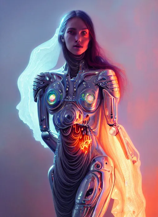 Image similar to translucent iridescent cyborg with flaming eyes, veiled in mist, full body, heroic lighting, dark fantasy, intricate, elegant, highly detailed, lifelike, photorealistic, digital painting, artstation, illustration, concept art, smooth, sharp focus, art by John Collier and Albert Aublet and Krenz Cushart and Artem Demura and Alphonse Mucha