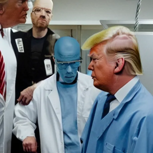 Prompt: donald trump meeting walter white in a laboratory