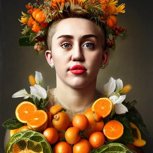 Image similar to portrait of miley citrus, by giuseppe arcimboldo and paul barson and annie leibovitz and faith yata and artgerm and alphonse mucha, photorealistic, f 1. 8, soft lightning, high detail, 8 k