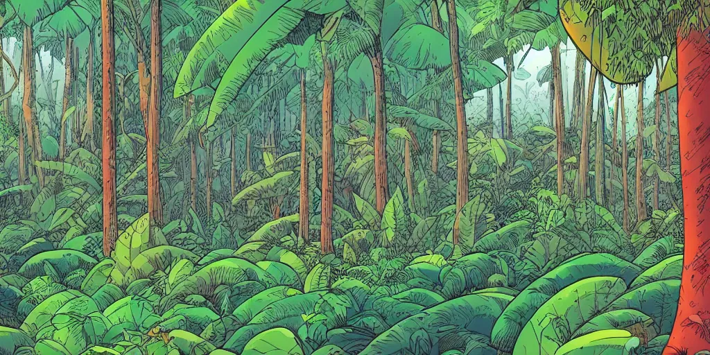 Prompt: wide view on jungle forest with large trees by moebius, clean line, colorful comics style, artstation