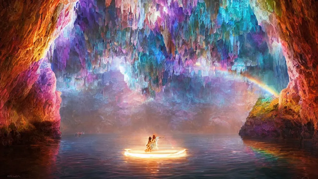 Image similar to inside a intricate rainbow crystal cave there was a lake, filled by the light of a beautiful silver moon, and over it was the sky, dynamic lighting, cinematic lighting, lit by moonlight, by krenz cushart and ilya kuvshinov and artgerm, unreal engine, featured on artstation, ultrawide angle, polarizer filter : 1 0