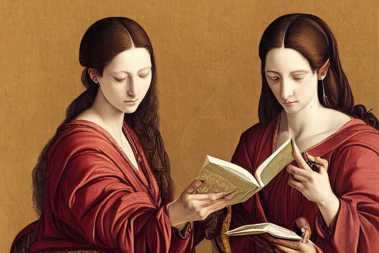 Image similar to portrait of two wise and very beautiful women reviewing some texts, art by tiziano, intricate, elegant, highly detailed, smooth, sharp focus, artstation