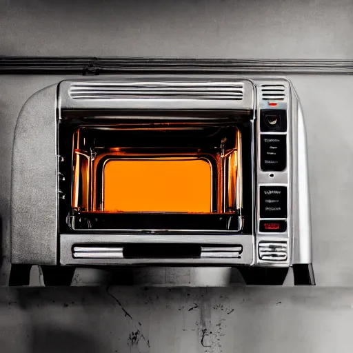 Image similar to toaster oven suspended by lots of metallic cables, symmetry, dark messy smoke - filled cluttered workshop, dark, dramatic lighting, orange tint, sparks, cinematic, highly detailed, sci - fi, futuristic, movie still