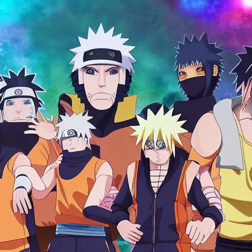 Image similar to the characters of naruto shippuden in a pickup basketball game, 8k, highly detailed, art station, professional artist, hyper detailed, naruto uzumaki, kakashi hatake,